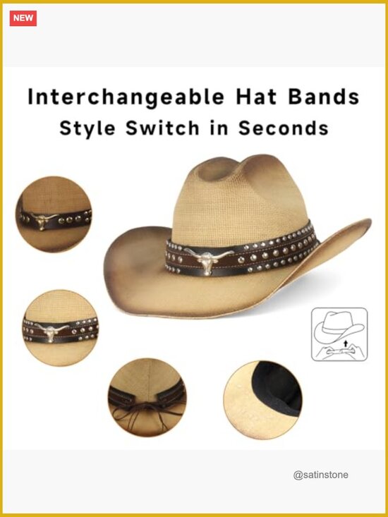 Cowboy Hat with 2 Interchangeable Bands, Straw, Wide Brim main image 6